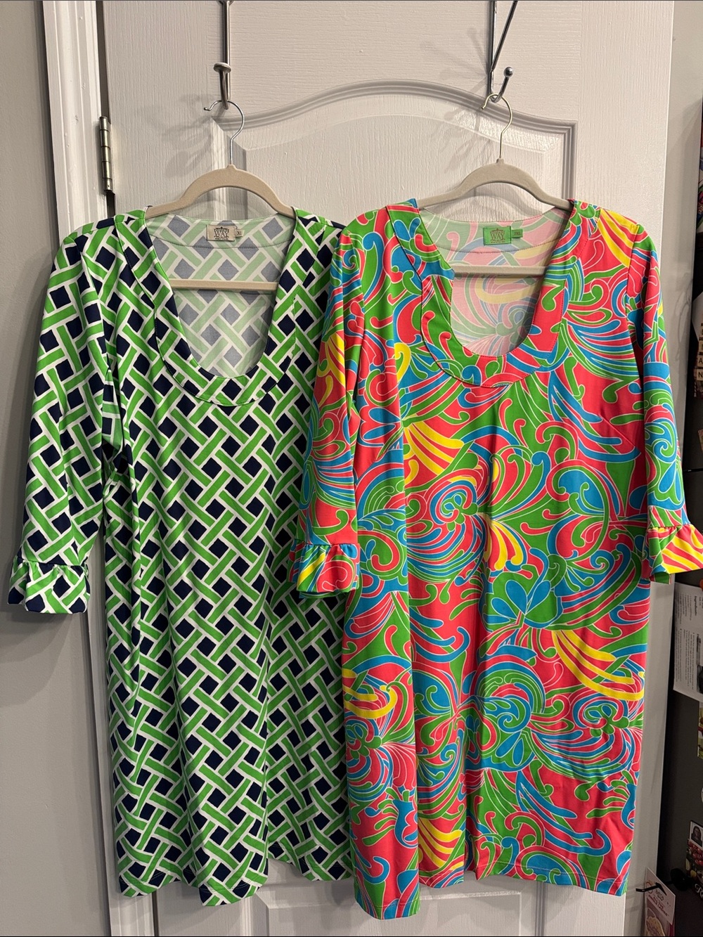 2 Katherine Way Dresses- Vibrant Patterned- Green Geometric & Multicolor Swirl